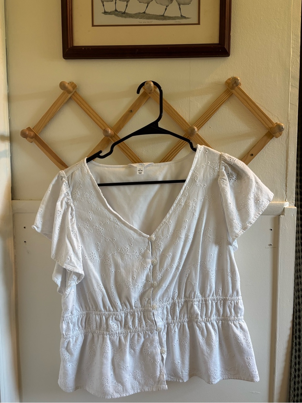 Time and Tru White Eyelet Button-Front Peplum Top